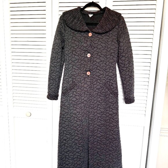 Vintage Dark Iron Gray Textured Button-down Long Trench Coat - Picture 1 of 14
